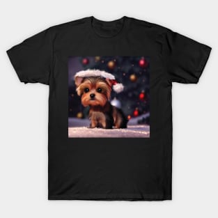 Yorkshire Terrier Christmas Puppy Dog In Santa Hat T-Shirt